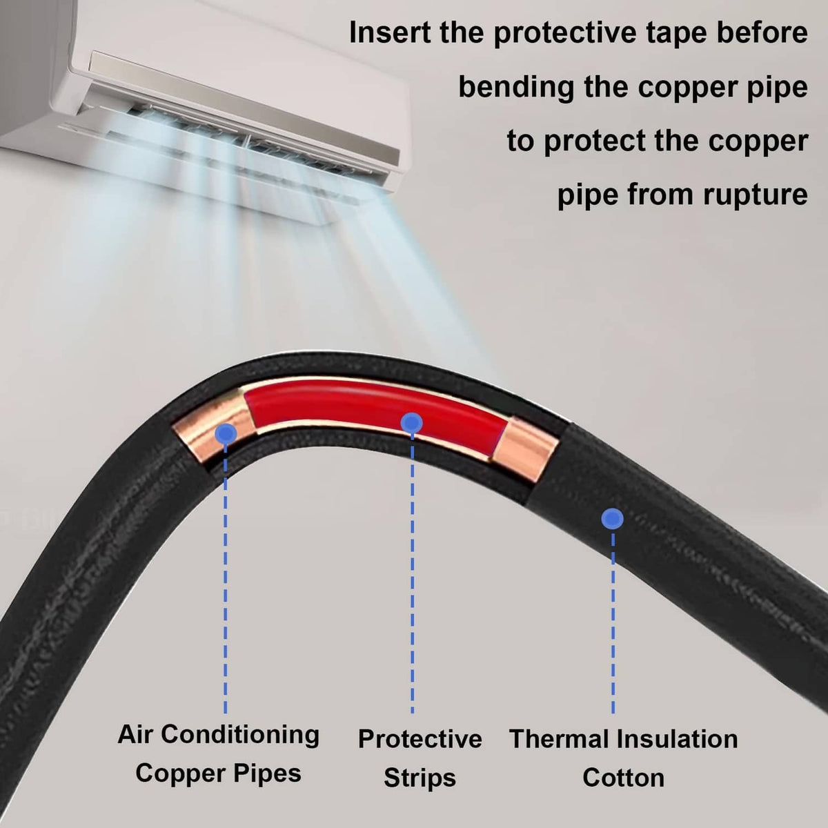 Black insulated air-conditioning copper pipe with protective strip and red copper section