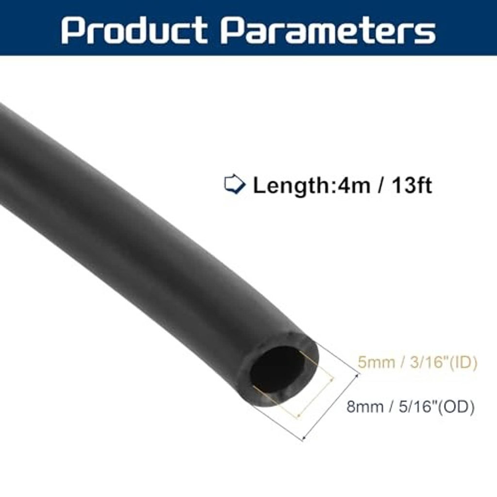 Black rubber tubing, 13ft length with 5mm inner diameter and 8mm outer diameter