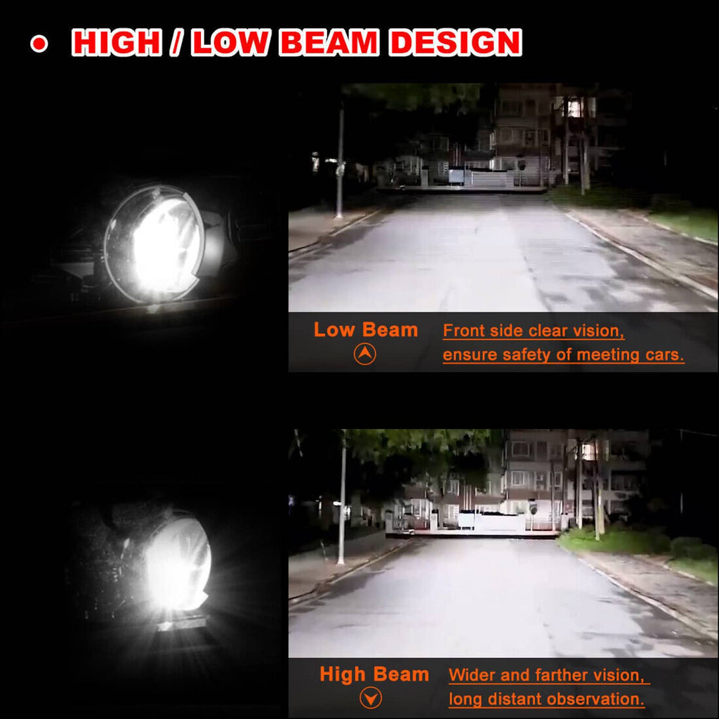 Headlight beam comparison showing bright white low beam and high beam projector light