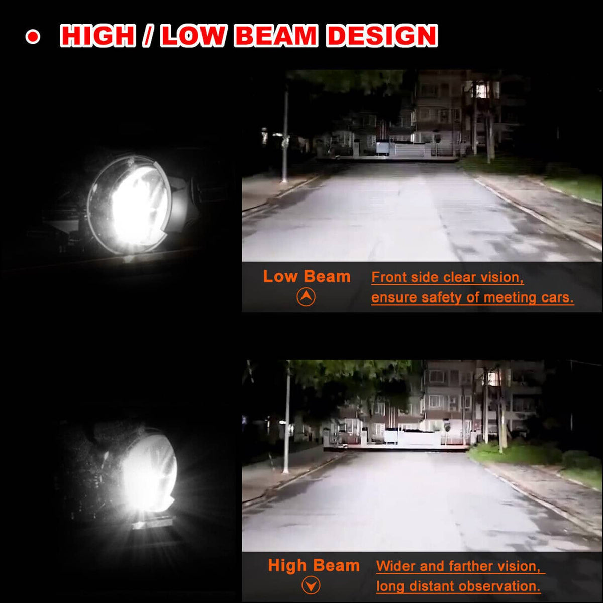 Headlight beam comparison showing bright white low beam and high beam projector light