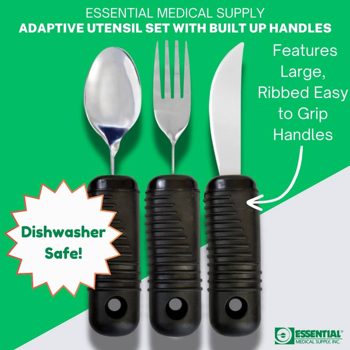 Three adaptive utensils with ribbed black handles and curved metal spoon, fork, knife