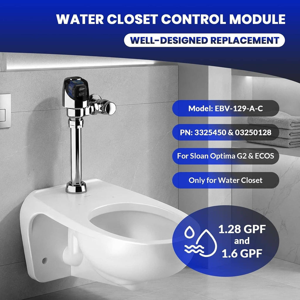 Water closet control module with black sensor panel and blue housing, dual buttons