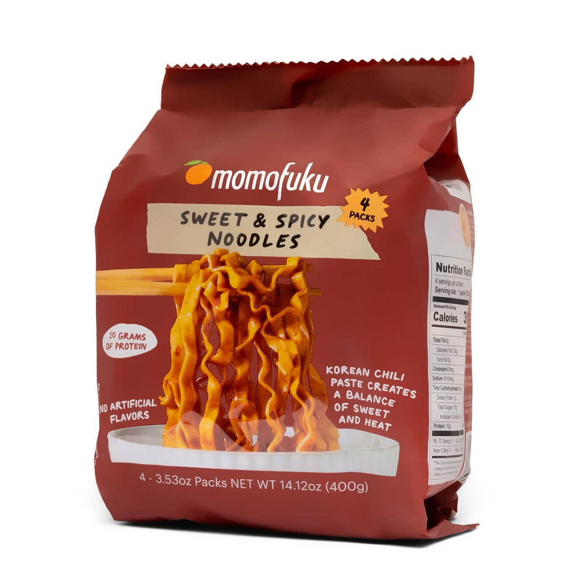 Momofuku sweet and spicy ramen noodles pouch with red chili sauce noodles inside