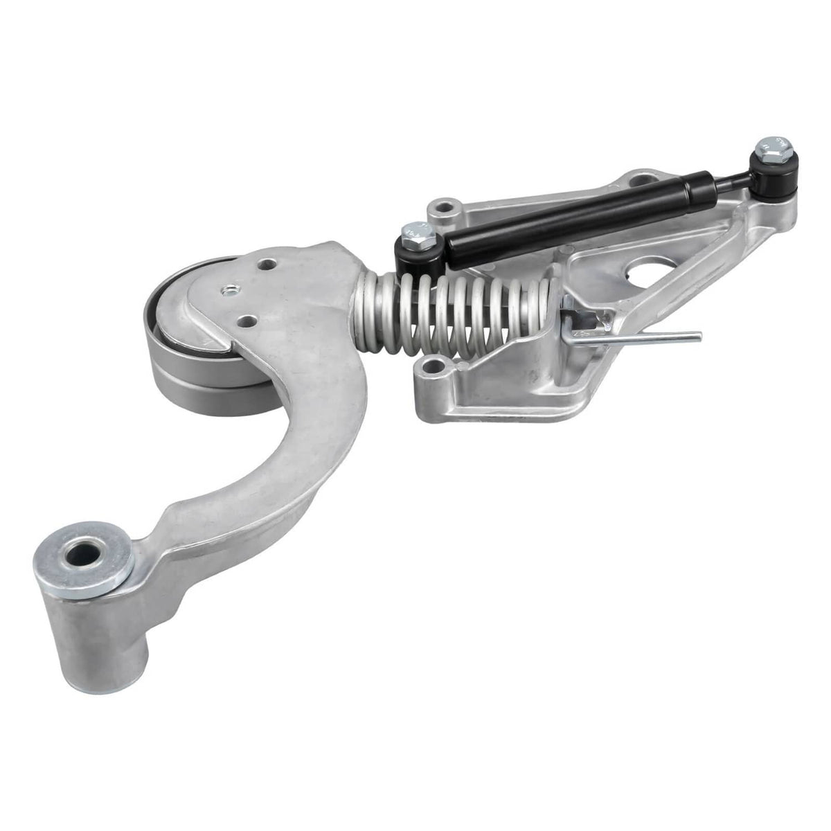 Belt tensioner assembly with black damper rod and silver spring pulley bracket.