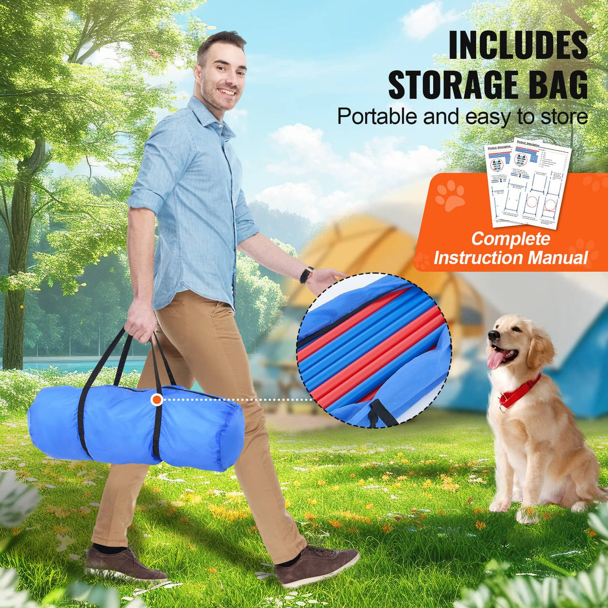 Dog agility obstacle set with portable storage bag, blue and red striped tube sections