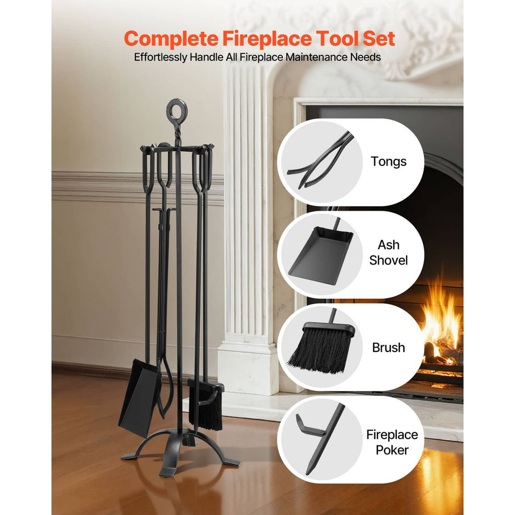 Black fireplace tool set with stand showing tongs, ash shovel, brush, and poker