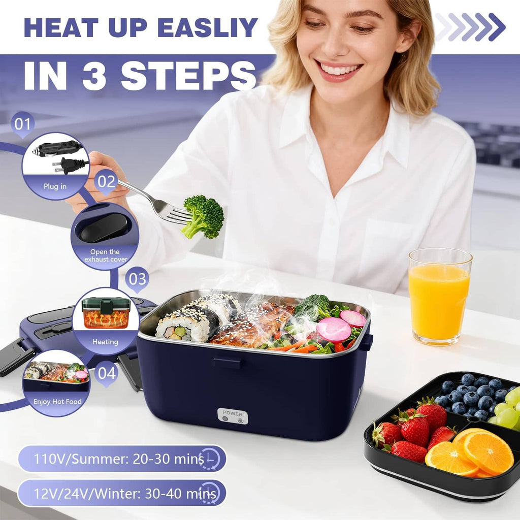 Blue electric lunch box with open lid, heating hot food inside, 2.8L double layer.