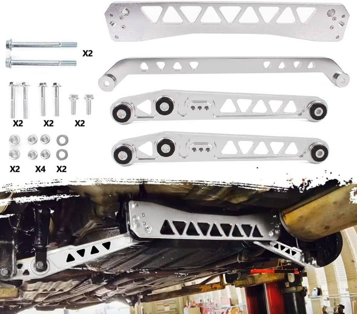 Rear subframe brace tie bar kit, silver aluminum arms with mounting hardware
