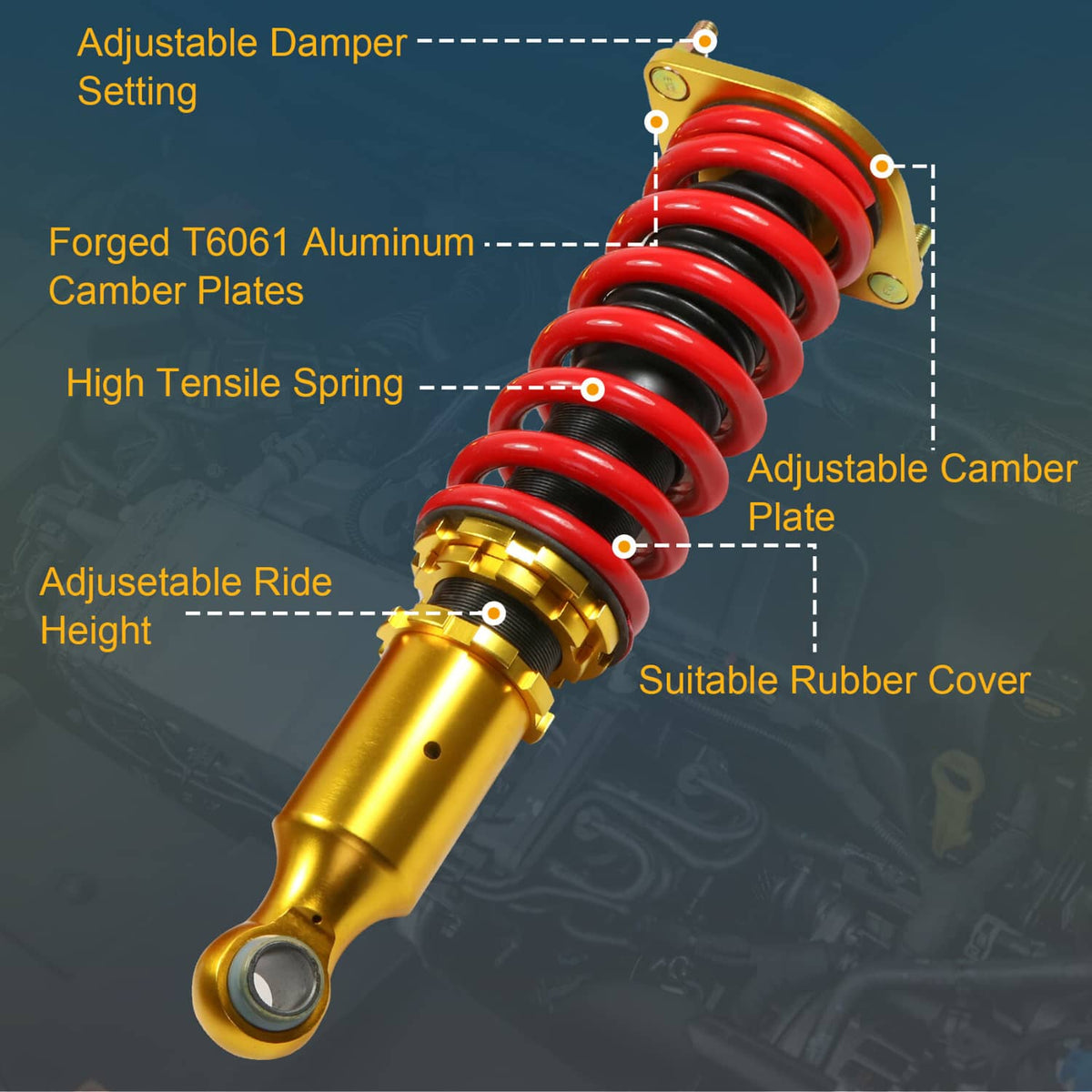 Gold coilover strut with red spring coils and mounting plate detail