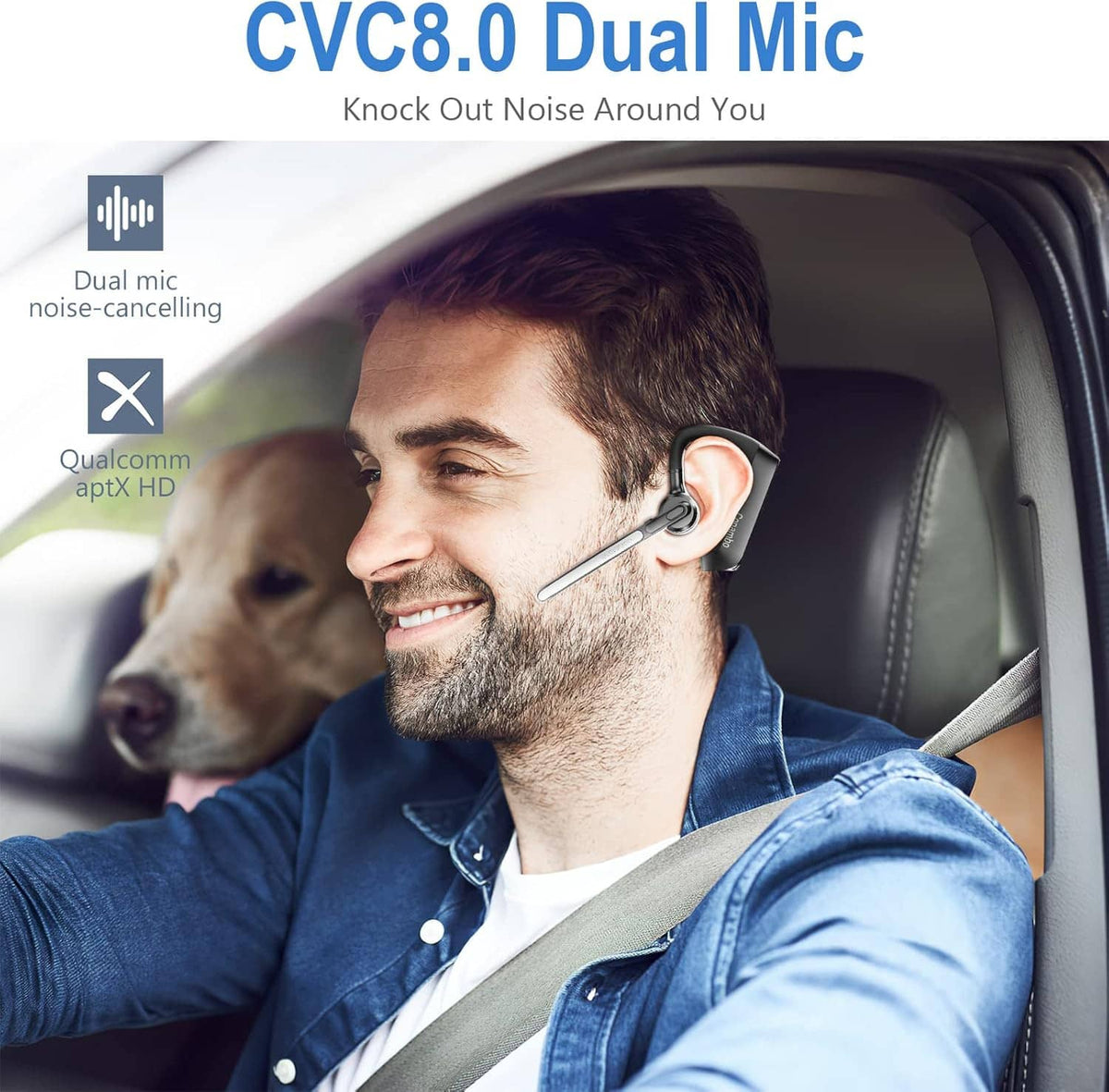 Black Bluetooth headset worn by man in car, boom mic near ear