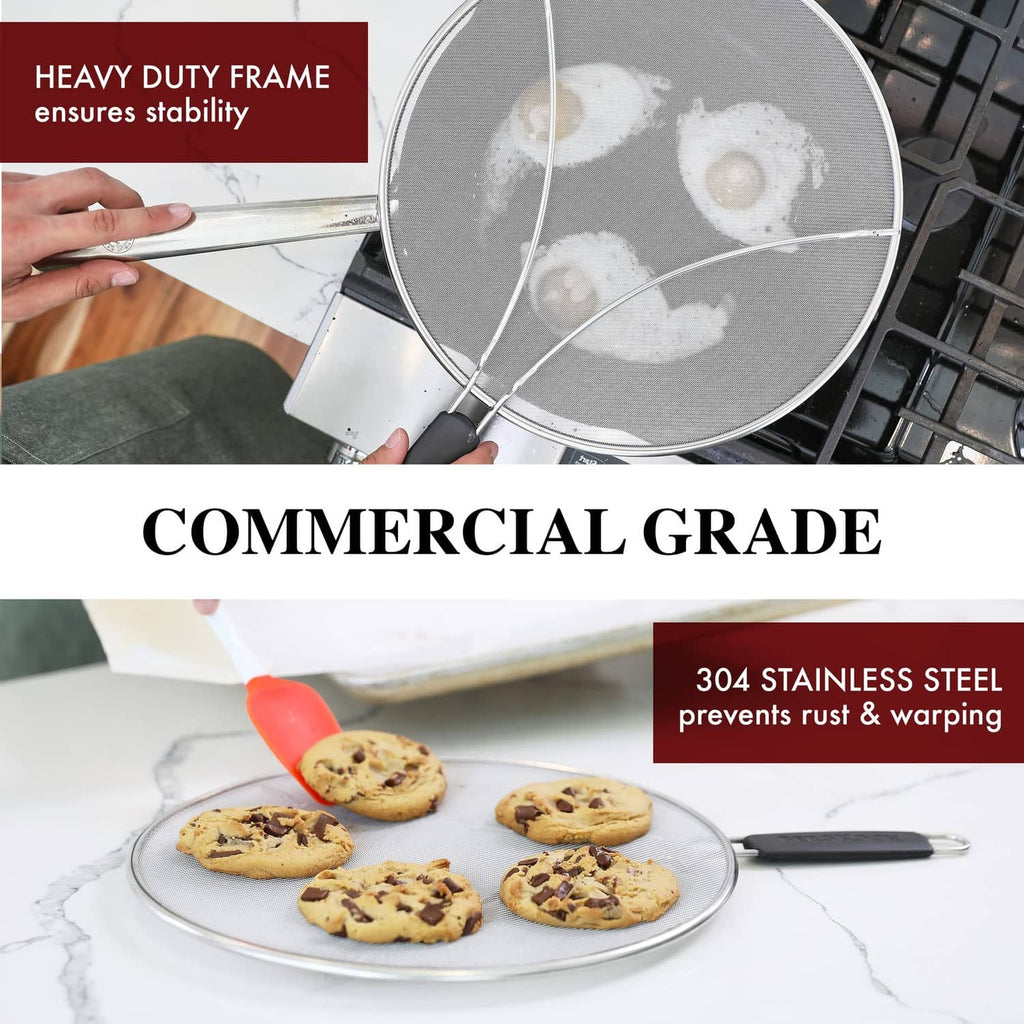 Stainless mesh splatter screen with wire frame and handle over cookies.