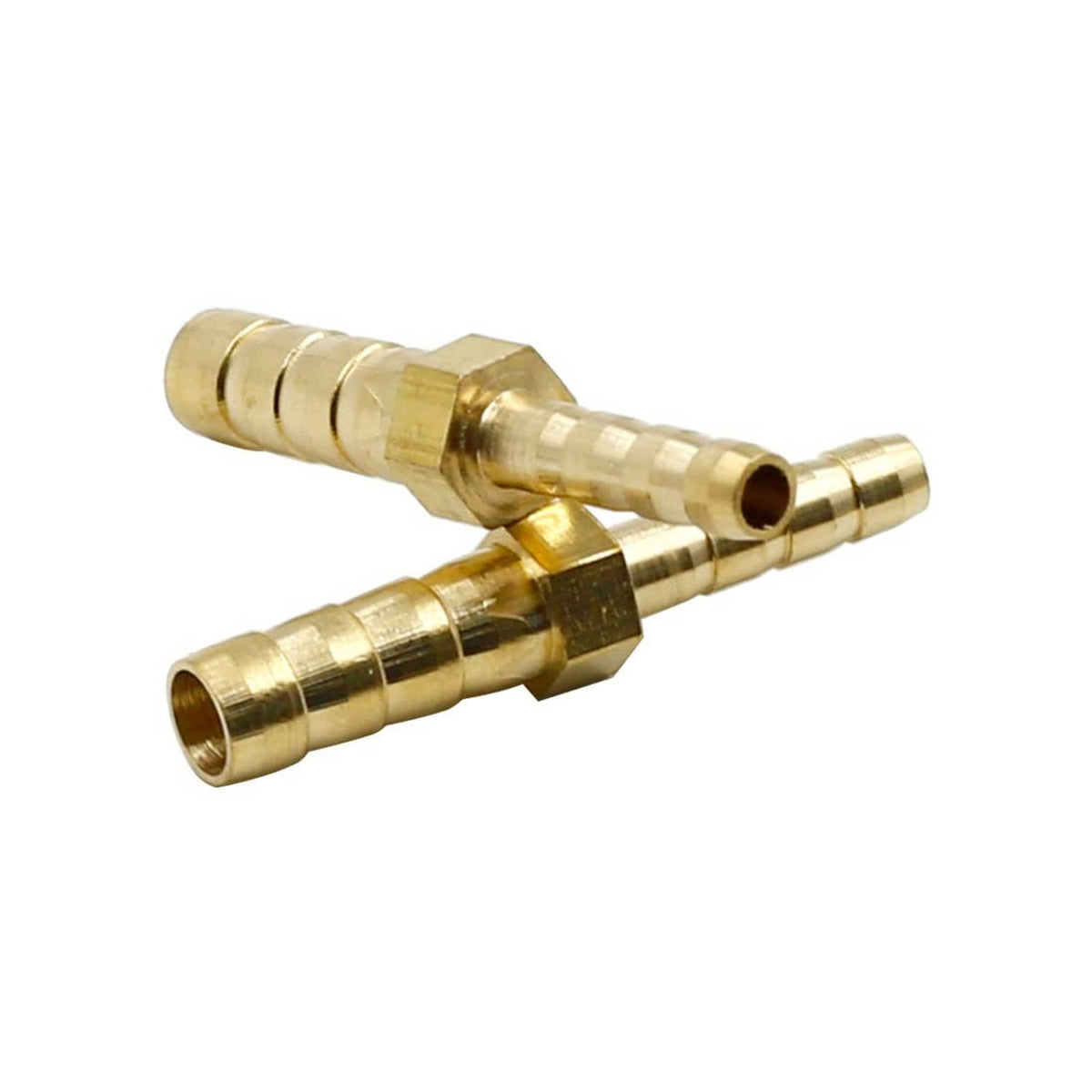 Brass hose barb T-connector with multiple barbed ports and hex center