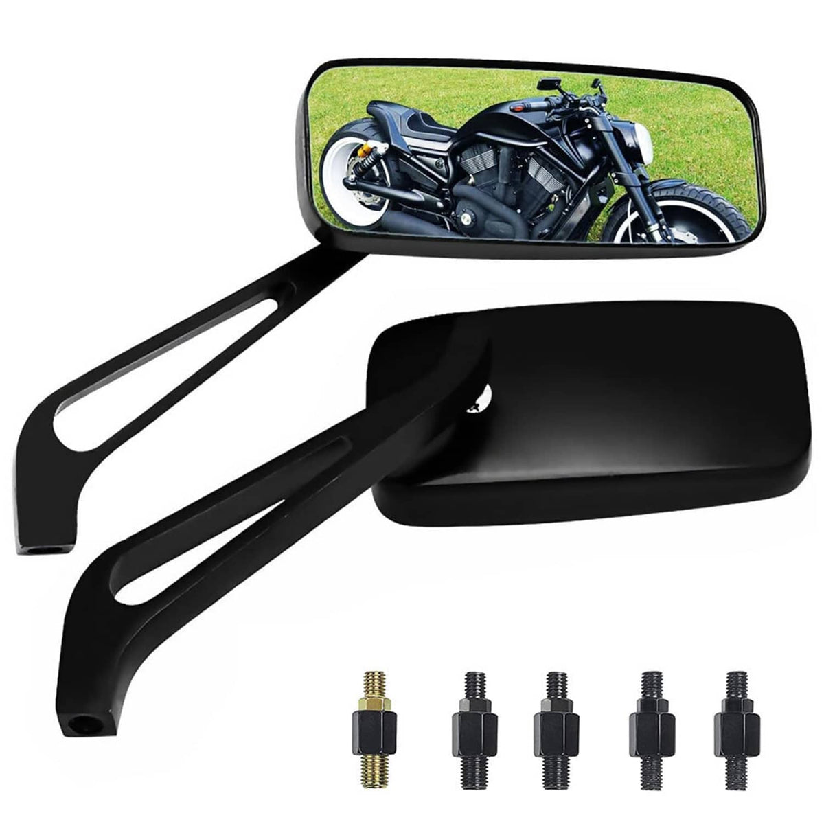 Rectangular motorcycle rearview mirror set with blue lens and black mount, plus adapters