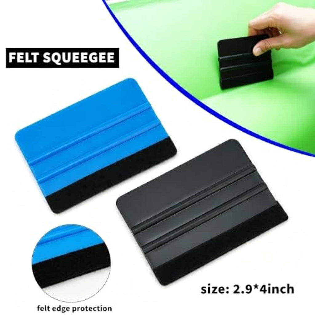 Felt squeegee tools with felt edge protection in blue and dark gray
