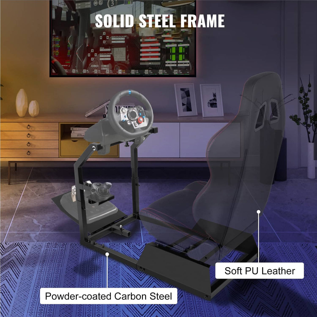 Racing simulator steering wheel stand with powder-coated carbon steel frame and soft PU seat