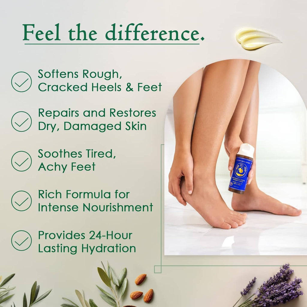 Foot balm bottle with bare heels and feet shown for softening and repair.