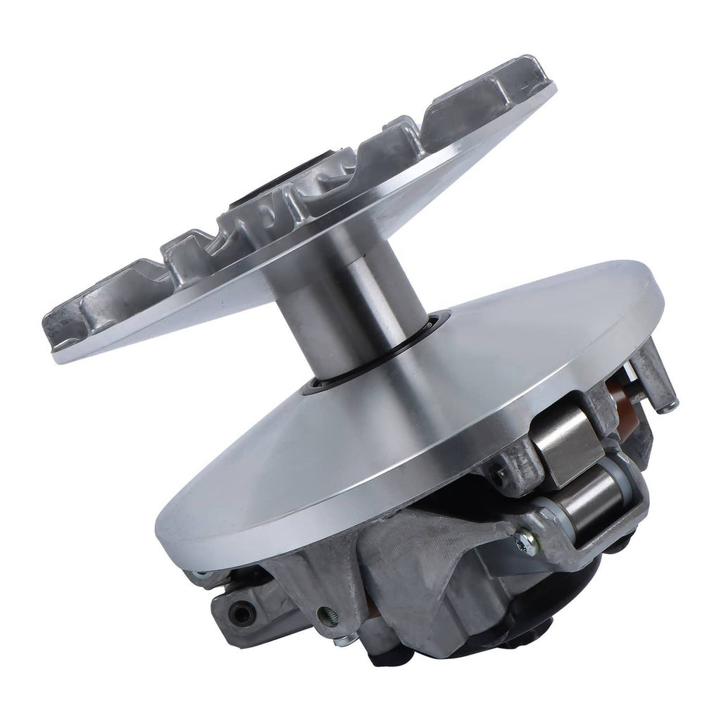 Drive pulley clutch primary assembly, silver finned pulley and black belt drive section