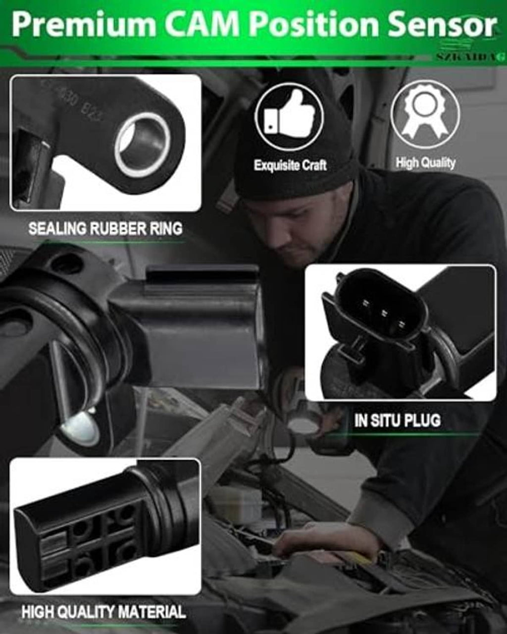 Camshaft position sensor with sealing rubber ring and mounting ear, black