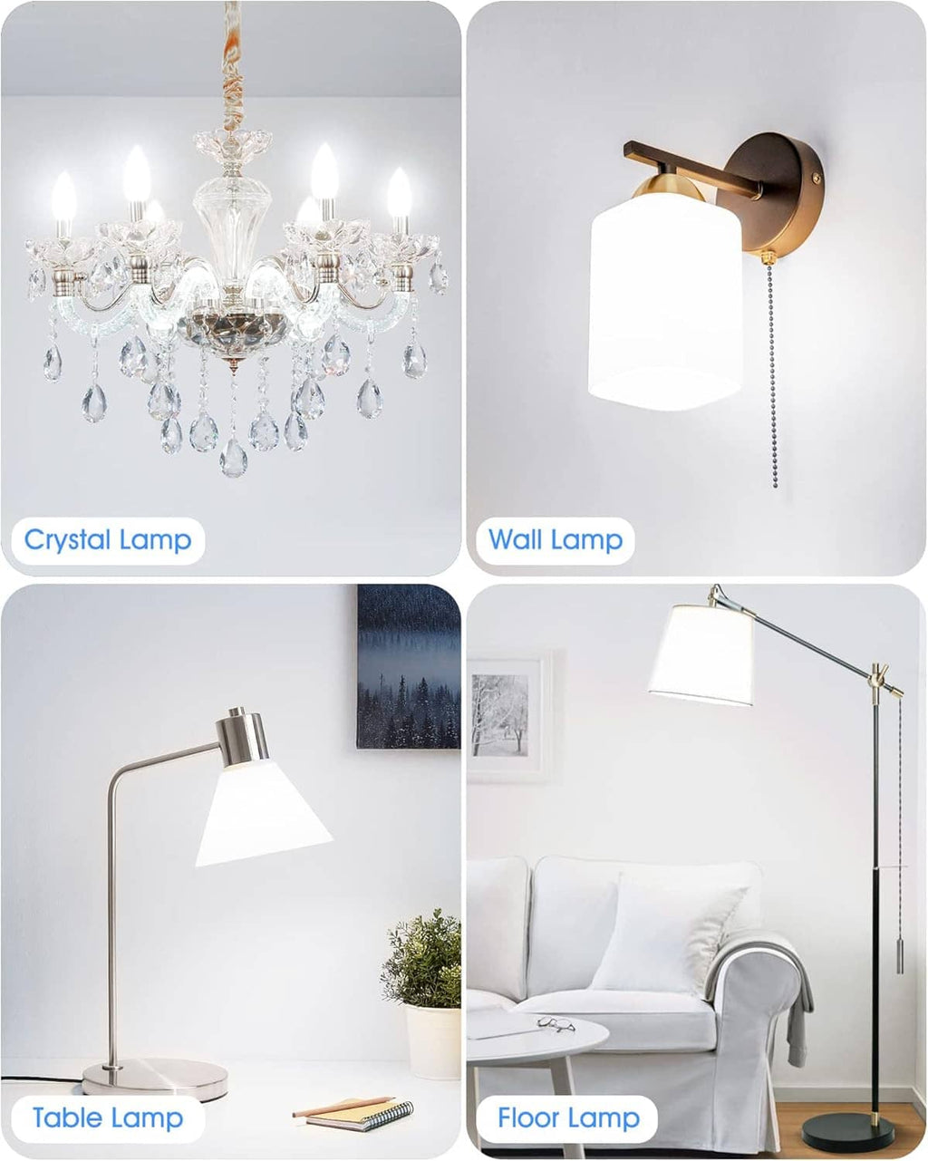 LED candelabra bulbs used in chandelier, wall, table, and floor lamp styles.