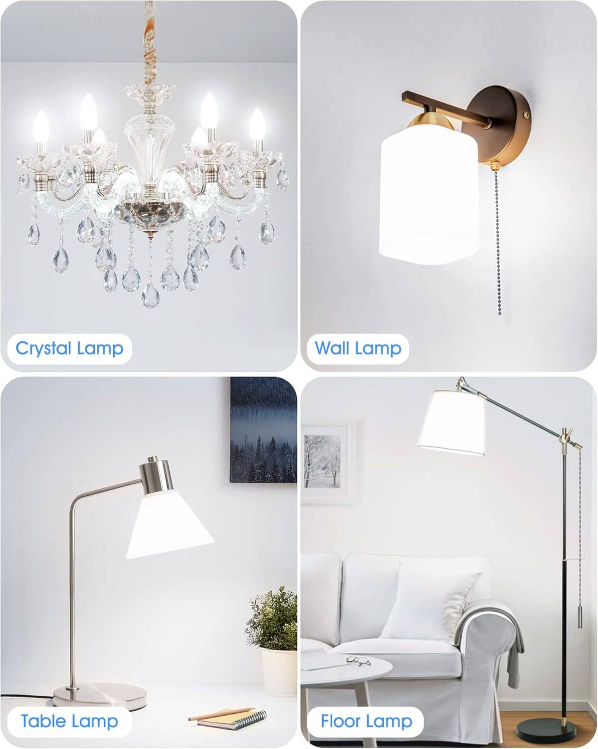 LED candelabra bulbs used in chandelier, wall, table, and floor lamp styles.