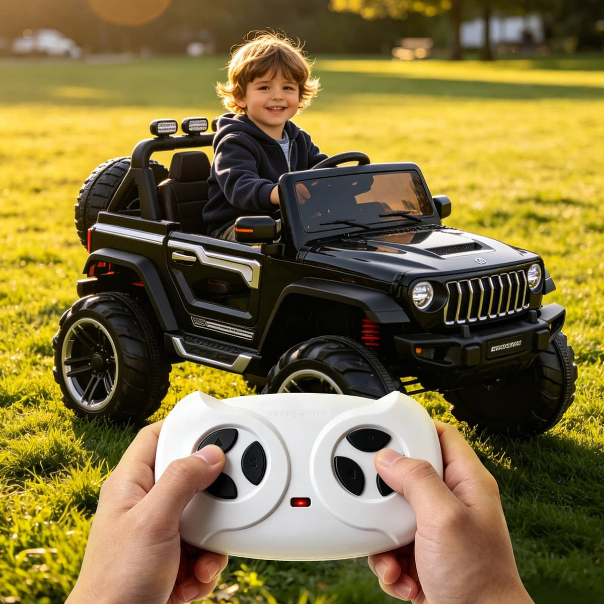White remote controller held by hands in front of a black ride-on toy car