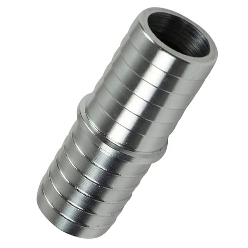 Angled view of chrome-silver 3/4 in hose barb splice coupler with ribbed exterior sleeve