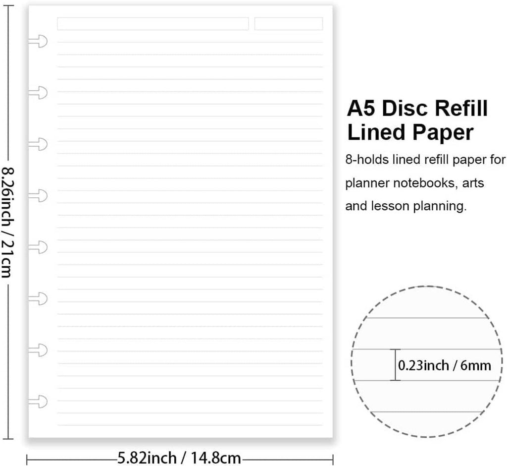 A5 disc refill lined paper sheet with 8 binder holes