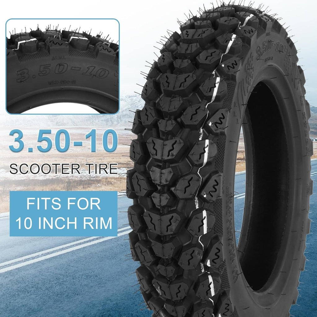 3.50-10 scooter tire with knobby off-road tread, black sidewall, angled view