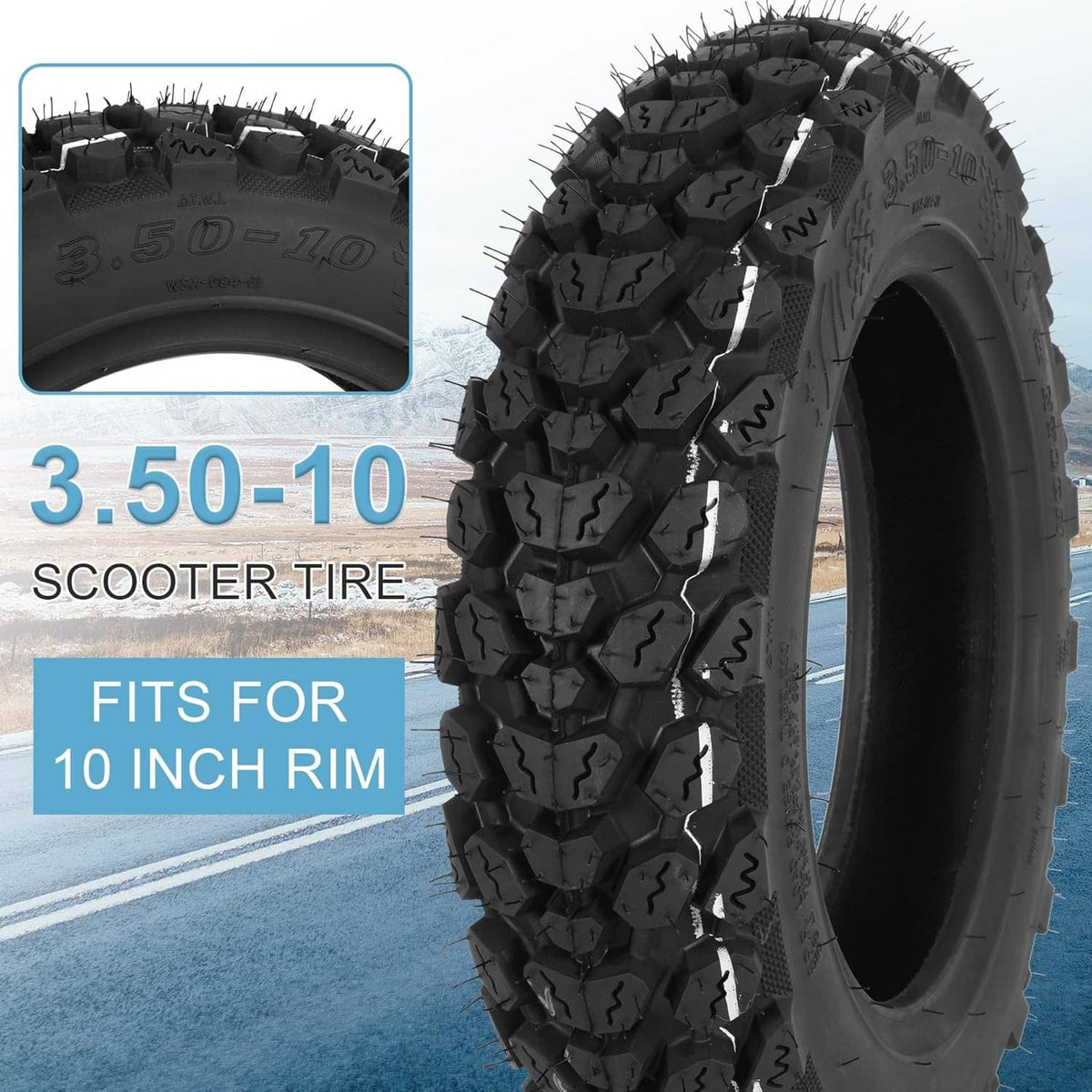 3.50-10 scooter tire with knobby off-road tread, black sidewall, angled view