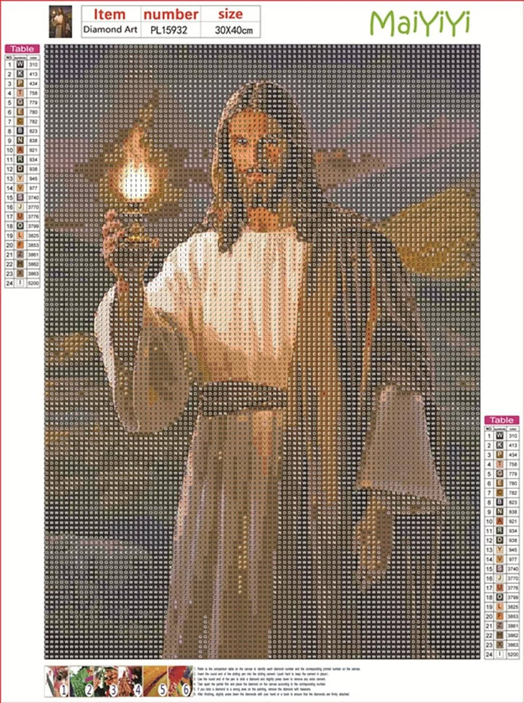 Jesus diamond painting canvas with numbered grid, lantern, white robe and brown cloak