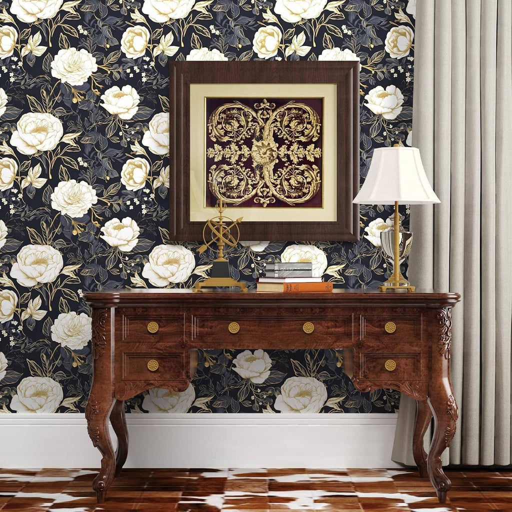 Floral wallpaper sheet look with white roses and gold botanical vines on dark blue