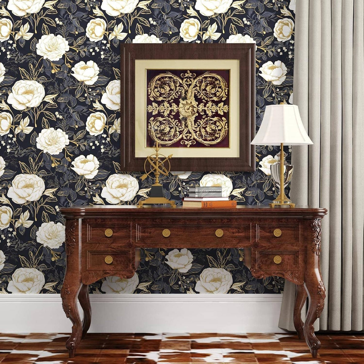 Floral wallpaper sheet look with white roses and gold botanical vines on dark blue