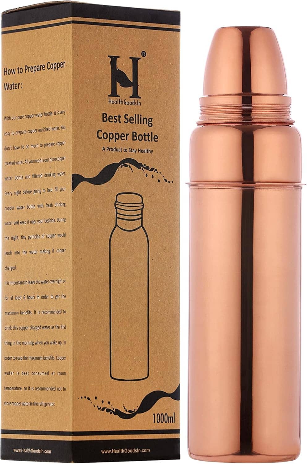 Copper water bottle with screw-on lid, smooth reflective surface