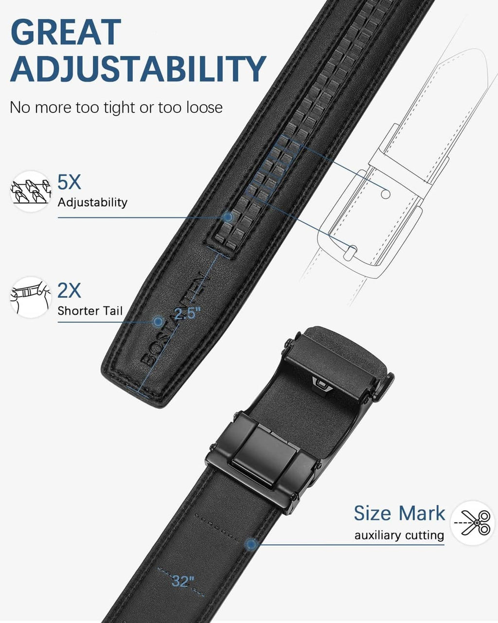 Black adjustable leather ratchet belt with sliding strap and keeper holes