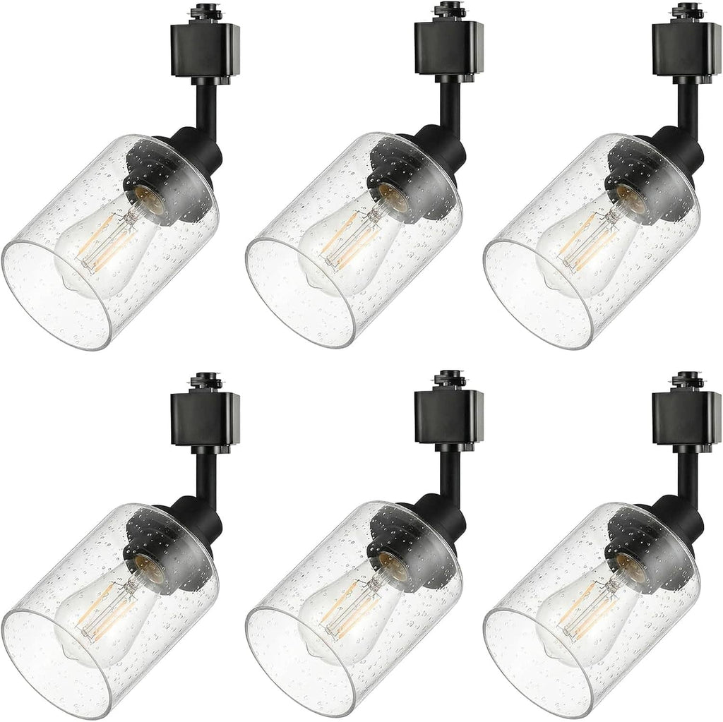 Six H-track lighting heads with black housings and clear cylindrical glass shades