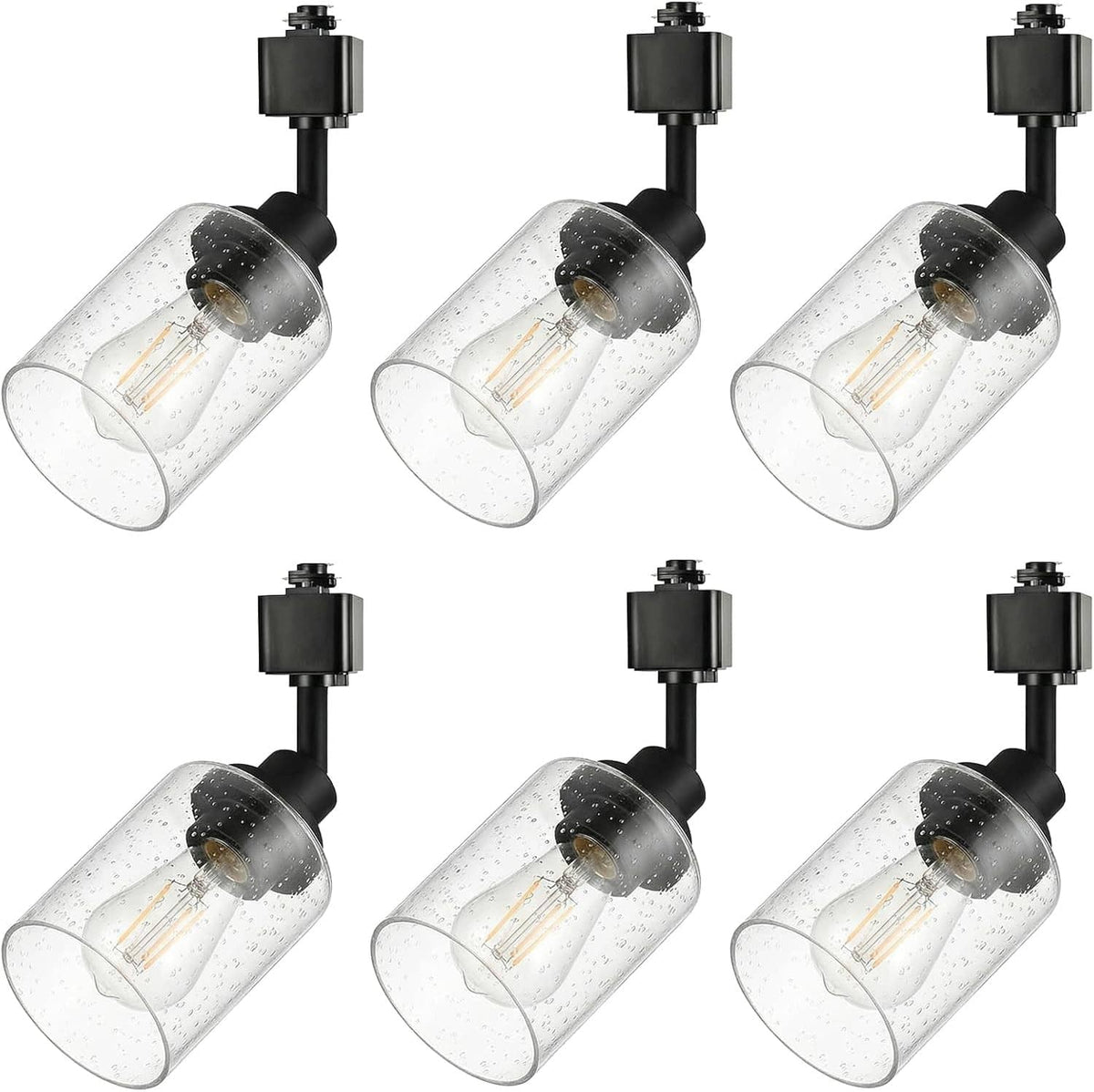 Six H-track lighting heads with black housings and clear cylindrical glass shades