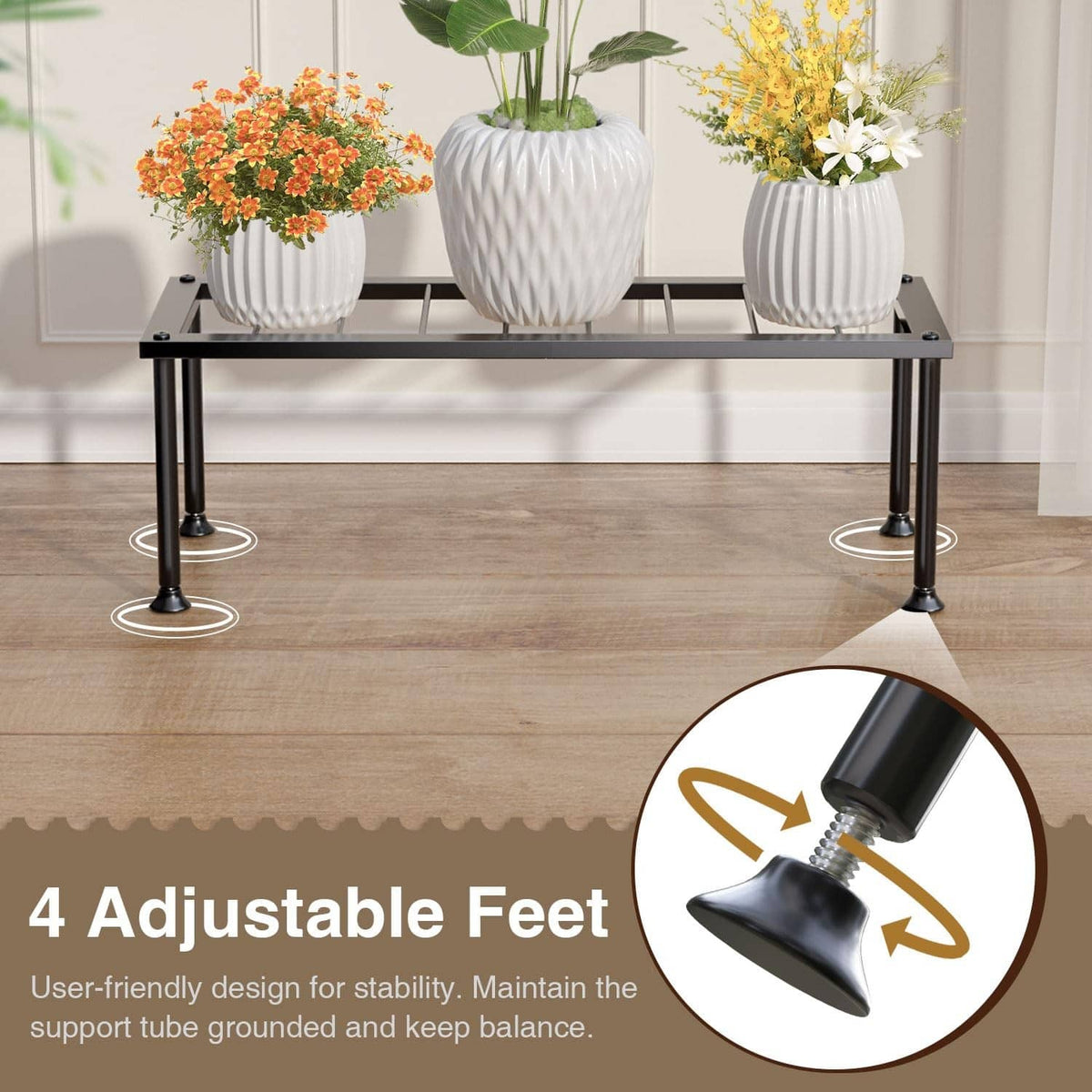 Black metal plant stand with three white ribbed planters on a slatted shelf