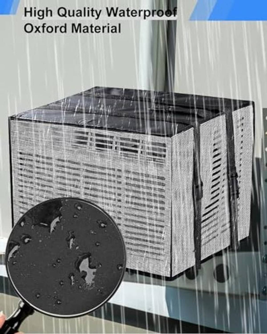 Water-resistant mesh AC cover with dark exterior fabric on an outdoor unit
