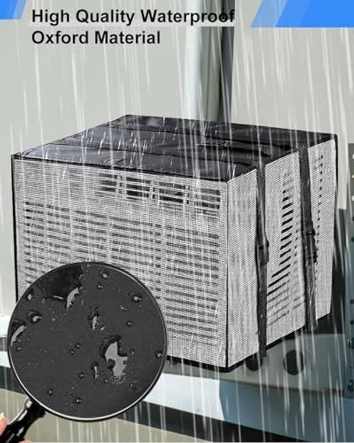 Water-resistant mesh AC cover with dark exterior fabric on an outdoor unit