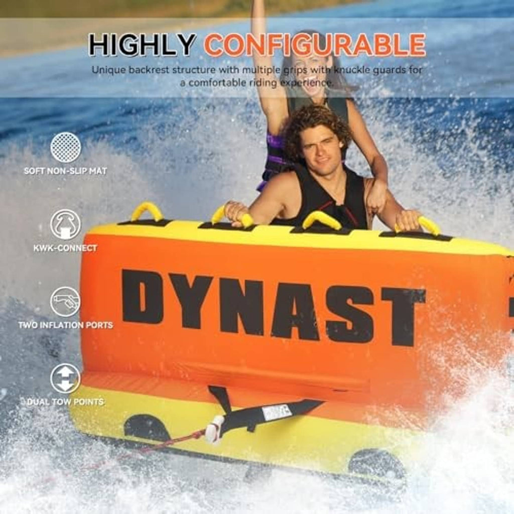 Orange and yellow towable tube with grab handles, shown on a splashy ride