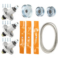 Deck rebuild kit with gray belts, orange drive belts, metal pulleys, and hardware