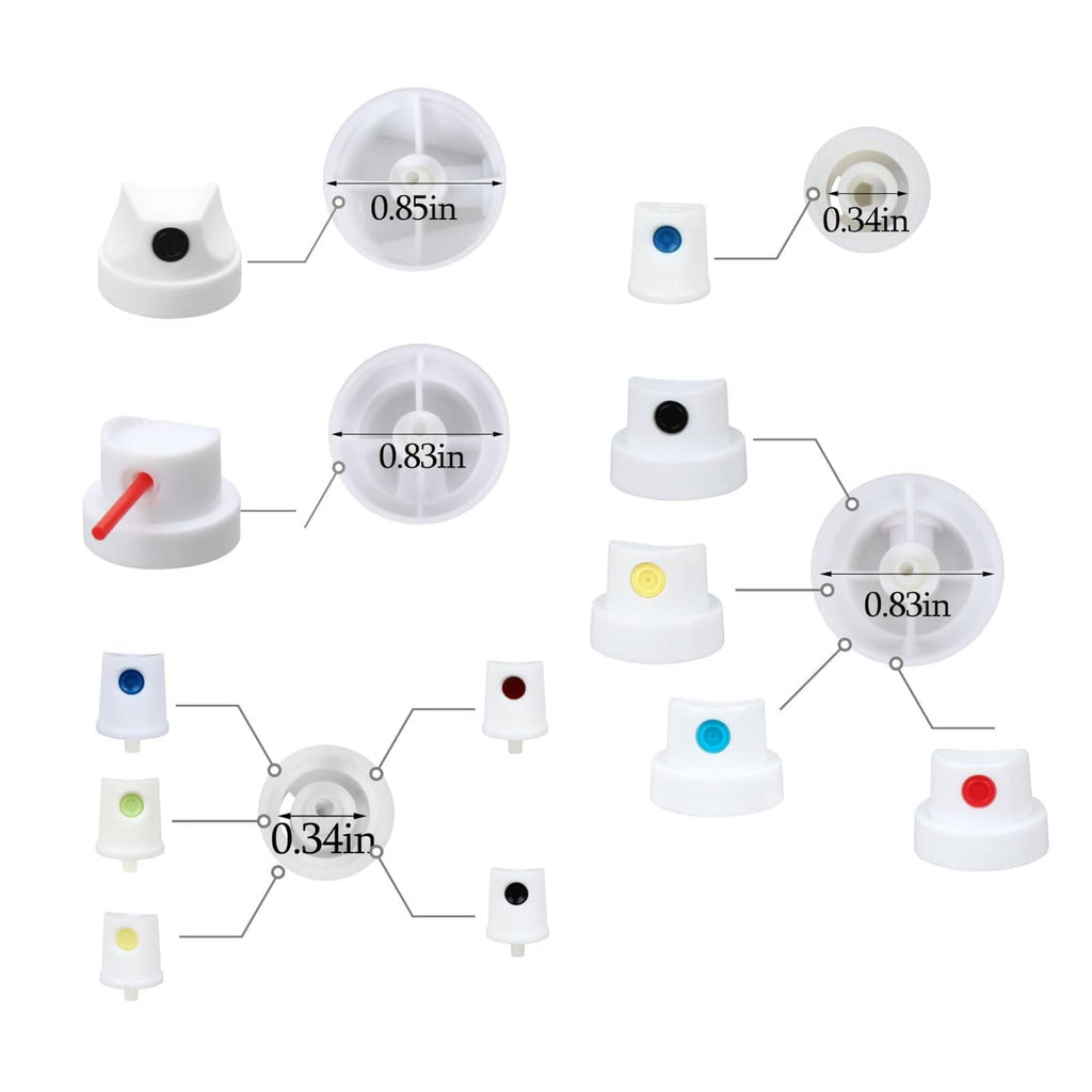 Assorted universal spray paint nozzle caps with colored valves and size guide circles