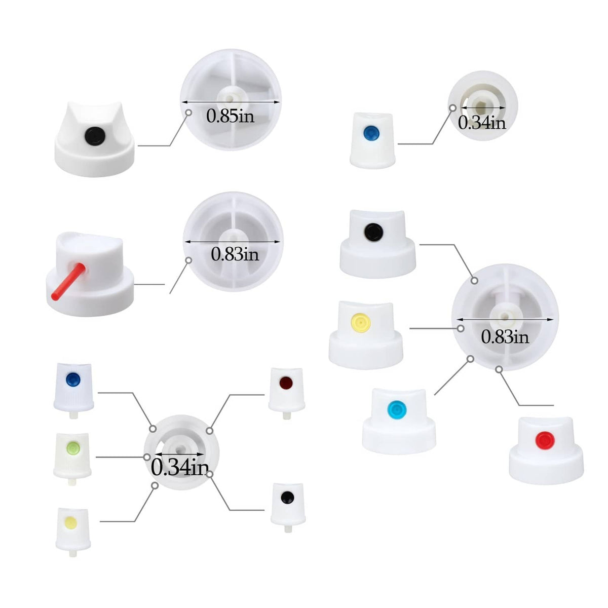 Assorted universal spray paint nozzle caps with colored valves and size guide circles