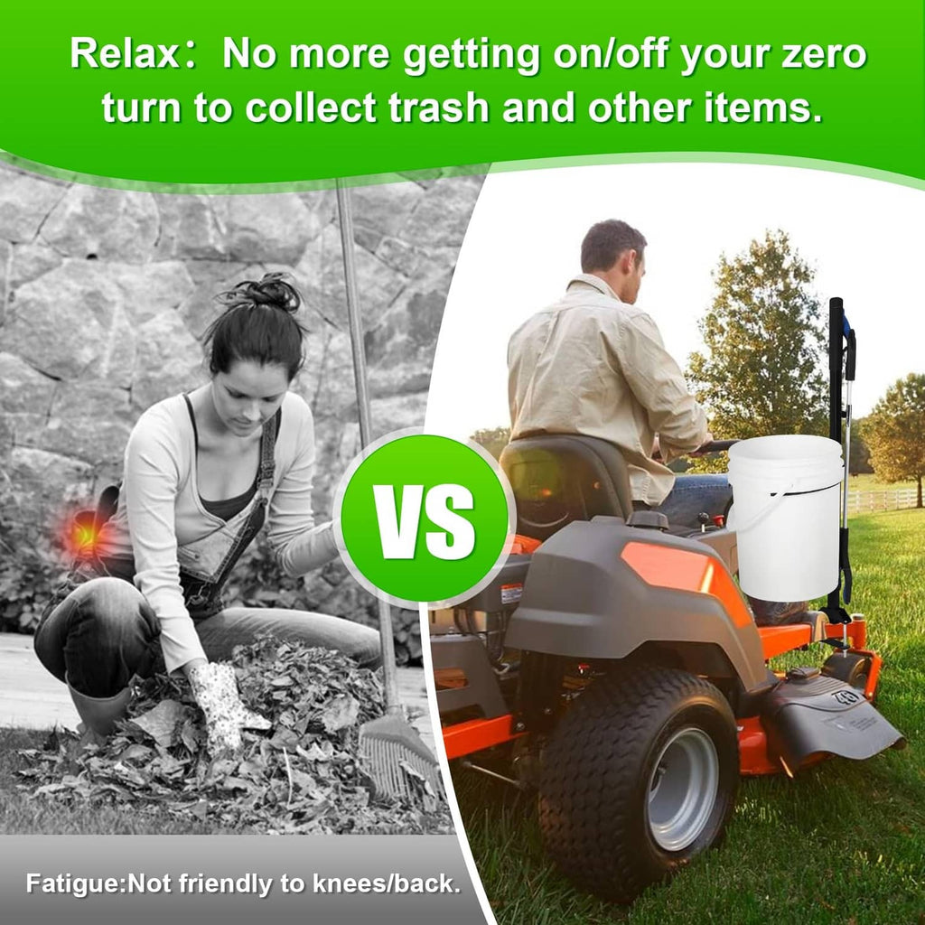 Zero turn bucket bracket for collecting trashes items, featuring black handle and bucket support