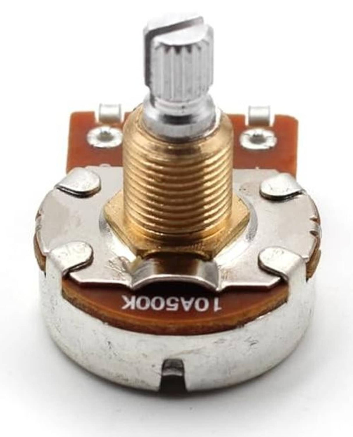 Potentiometer with threaded shaft, round metal body, and orange band labeled for adjustment
