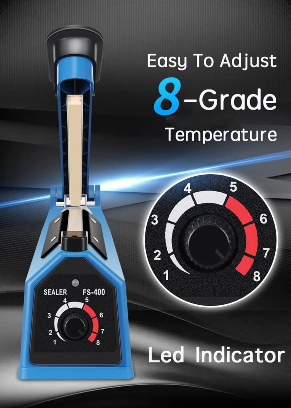 Blue heat sealer with temperature knob and LED indicator on display panel