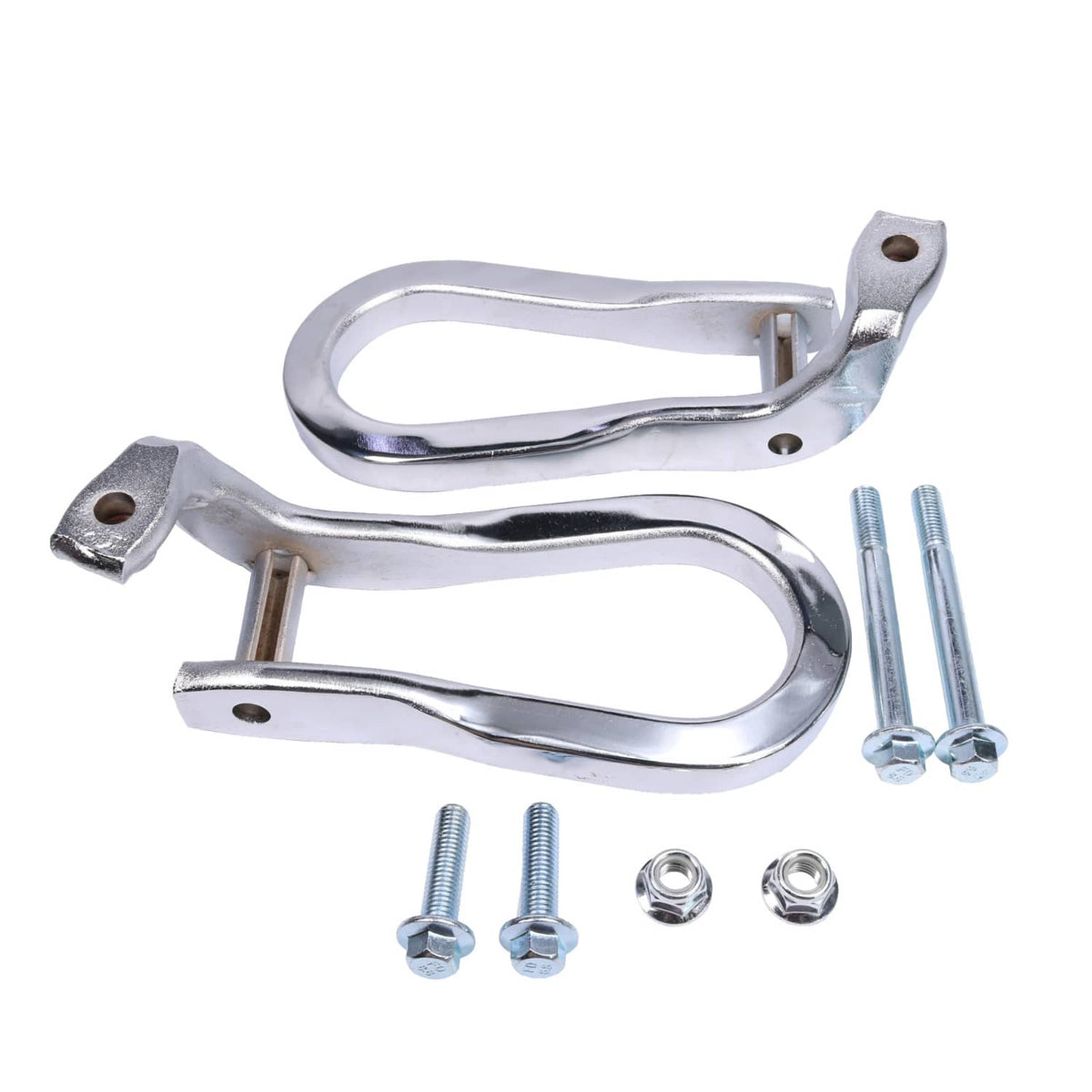 Set of chrome tow hooks with mounting holes and hardware bolts with washers