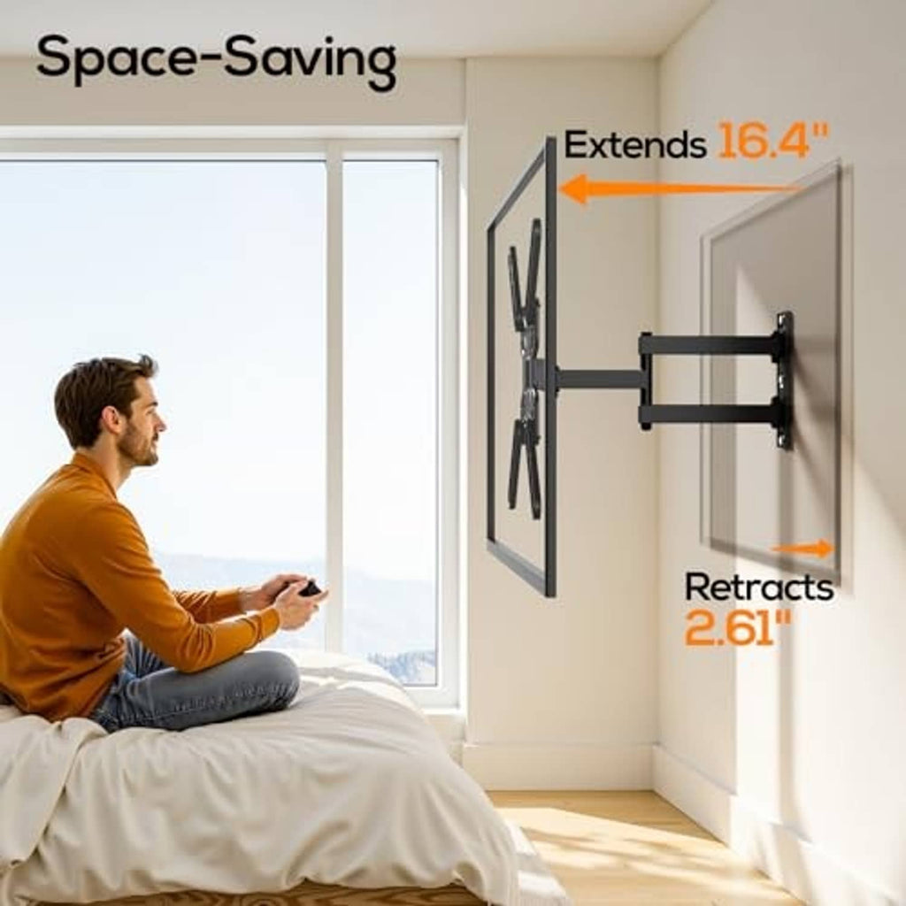 Black space-saving full-motion TV wall mount extending from wall on arm brackets
