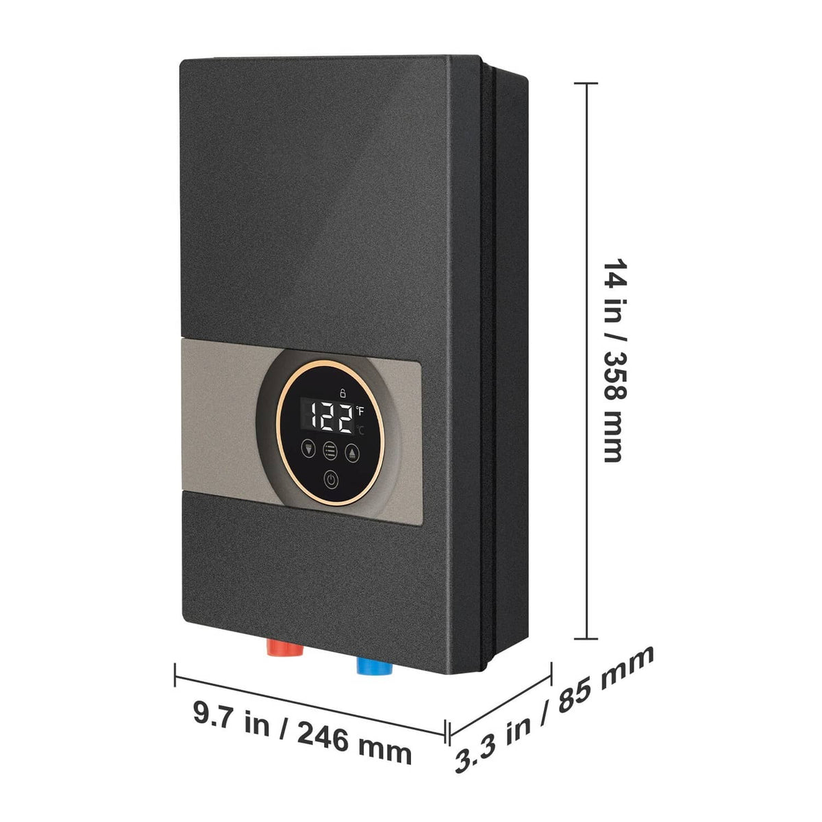 Electric tankless water heater with LED temperature screen and corner side view dimensions