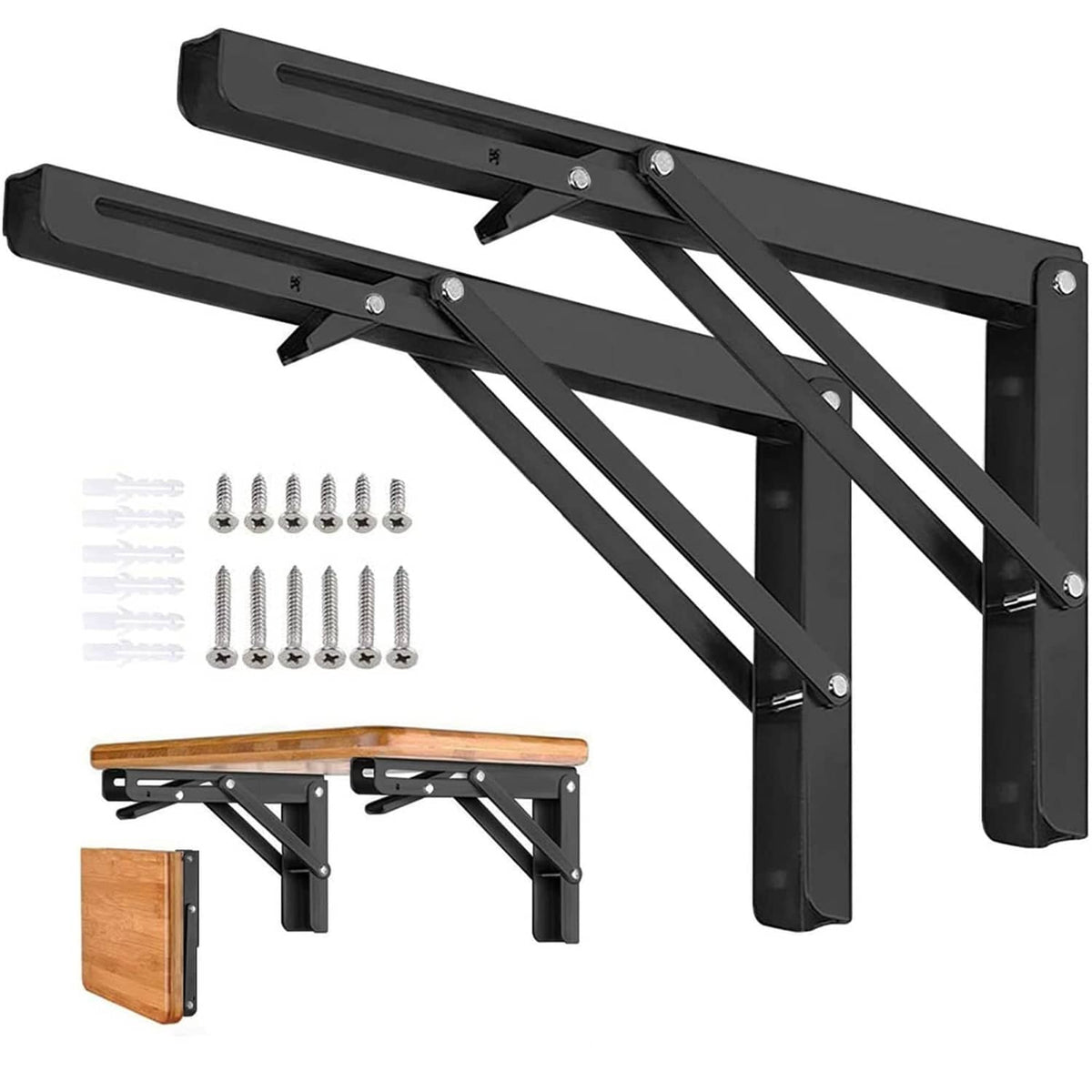 Black heavy-duty folding shelf bracket pair, 16 in stainless wall-mount with screws